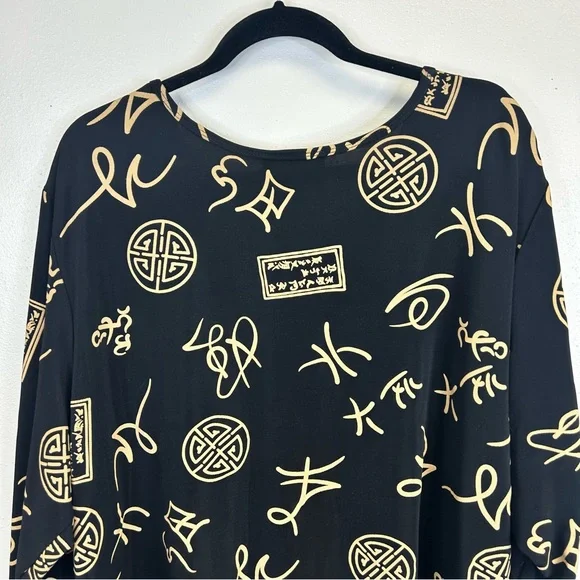 Whimsigoth Boho Black Tan Asian Inspired V-Neck Plus Size 3X Top Work Travel - Picture 9 of 11